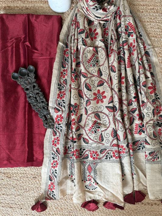 Maroon Solid mashru silk kurta with Natural Beige kantha work hand embroidery Pure Tussar Silk dupatta