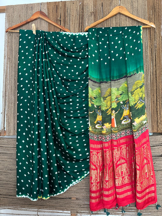 Hunter green modal silk bandhani sari with pichwai print bps