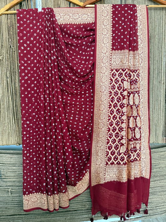 Maroon Handwoven Neem Zari Bareek Bandhani Saree with Khaddi Georgette BS- 303