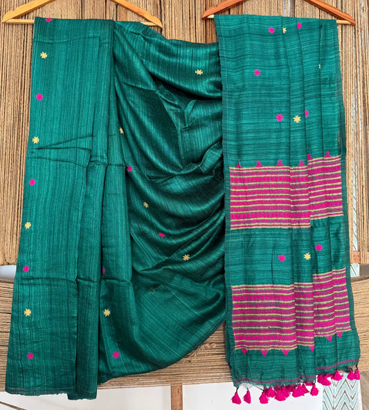 Deep Teal Green jamdani handwoven pure Matka silk certified sari