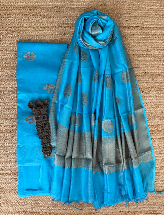 Turquoise Blue chanderi handloom banarsi booti three piece suit