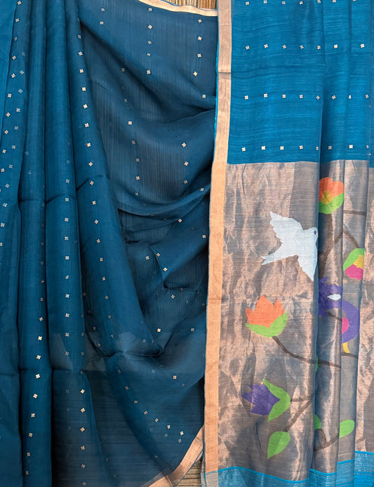 Peacock Blue Jamdani sequence work handwoven pure muslin silk sari With Paithani Jamdani Pallu and Matka Silk Blouse Piece