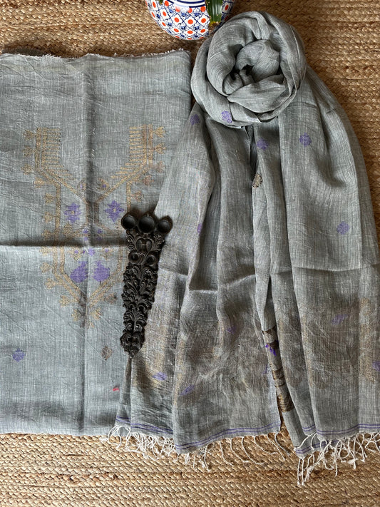 GREY JAMDANI WOVEN LINEN KURTA SET LJS- 1022
