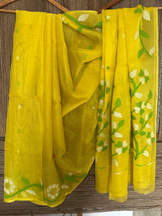 LEMON YELLOW JAMDANI HANDWOVEN PURE MUSLIN SILK SARI MJS 21