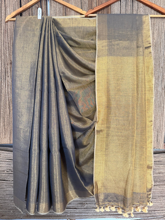 GREY COPPER TISSUE LINEN ZARI SARI WITH WOVEN RED BORDER