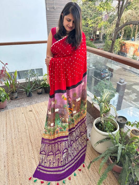 RED MODAL SILK BANDHANI SARI WITH PICHWAI PRINT BS- 47