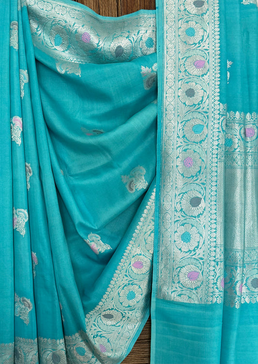 Sky blue tussar georgette silk certified handloom banarsi sari with woven zari