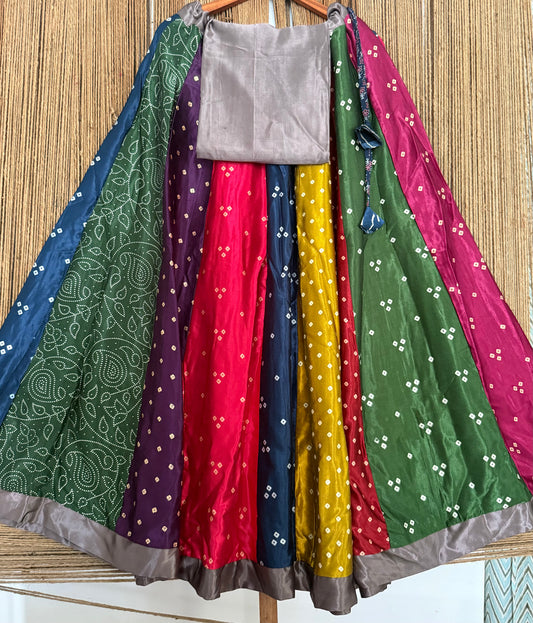 Grey mashru silk blouse-with Multicolour patchwork handcrafted mashru silk Skirt