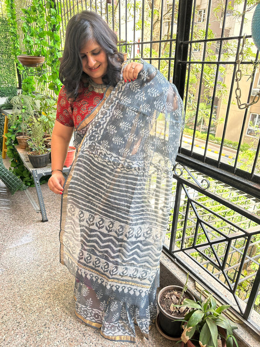 Grey kota doria handblock sari