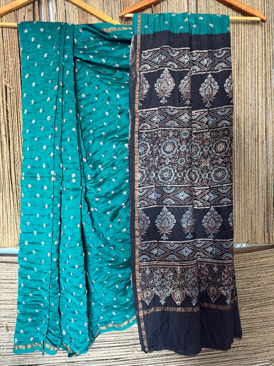 Teal blue chanderi silk bandhani handcrafted ajrakh sari