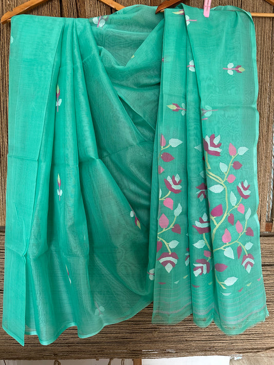 SPRING GREEN JAMDANI HANDWOVEN PURE MUSLIN SILK SARI MJS 31