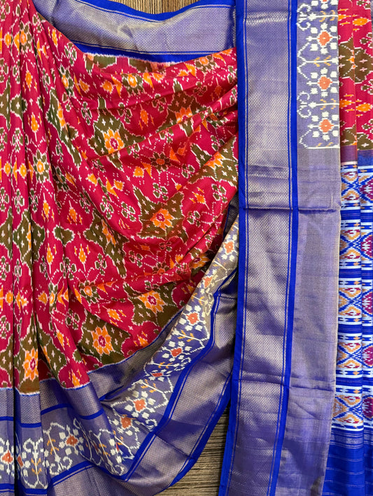 ROYAL BLUE & PINK PURE SILK IKKAT HANDWOVEN PATOLA SARI