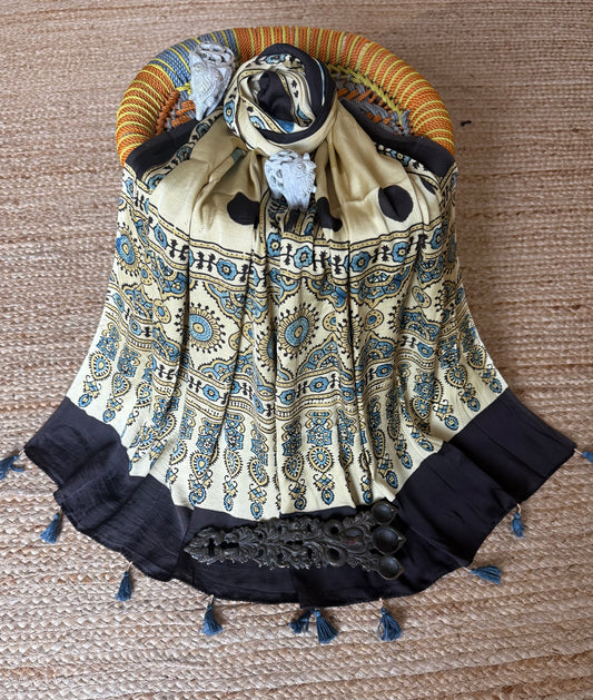 BEIGE GOLDEN AJRAKH MODAL SILK HANDCRAFTED STOLE