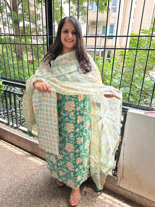 PINE GREEN CHANDERI HAND BLOCK SUIT SET