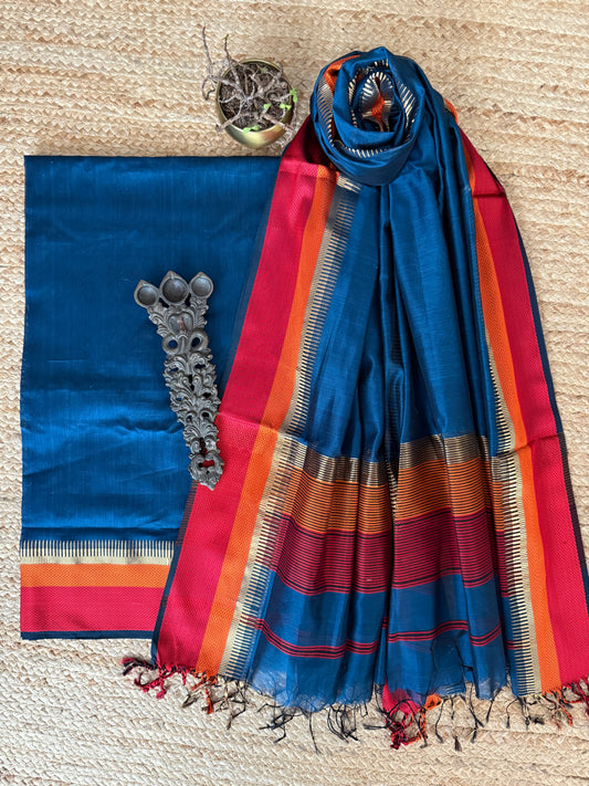 PEACOCK BLUE MAHESHARI BORDER SILK HANDLOOM KURTA SET