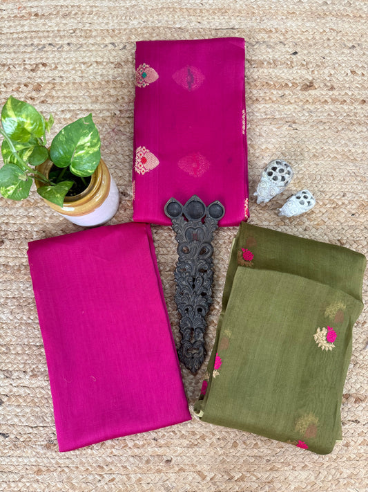 Pink kora silk certified handloom banarsi kadwa booti meenakari three piece suit