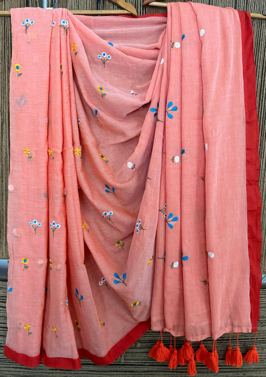 Coral Passion Mull embroidery handloom sari with tassels
