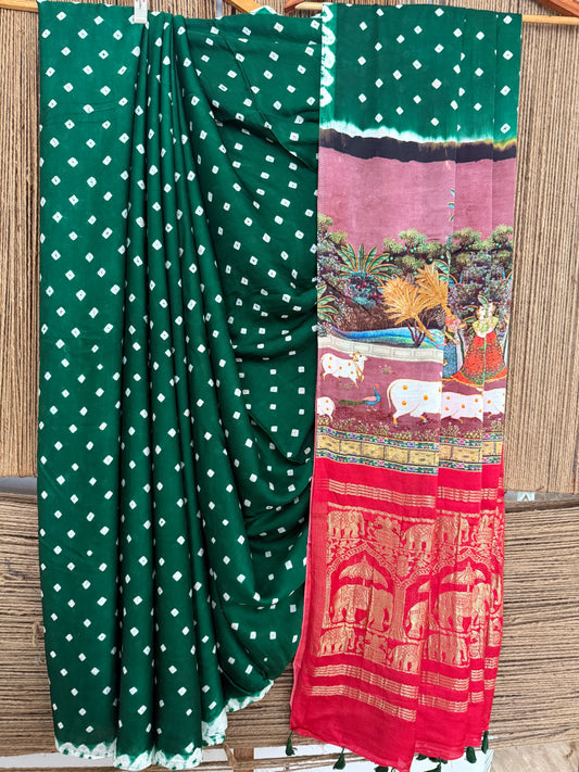 GREEN & RED MODAL SILK BANDHANI SARI WITH PICHWAI PRINT BPS 43