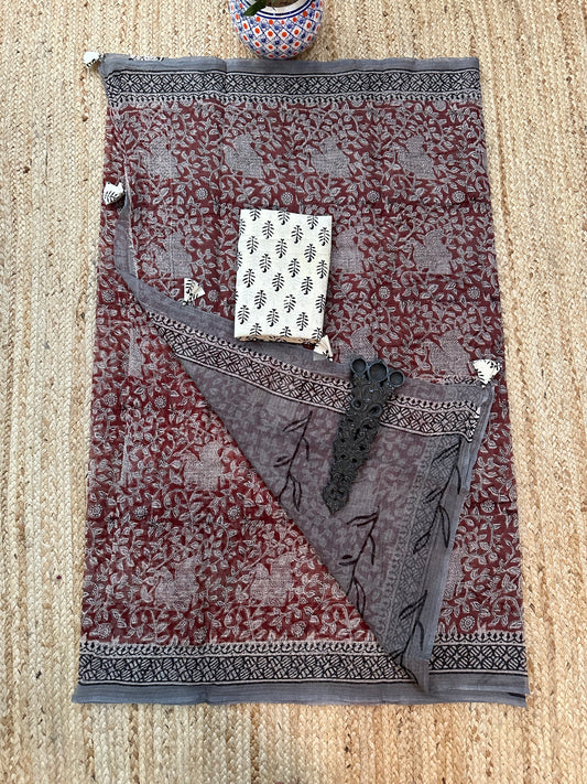 BURGUNDY MAROON AKOLA KOTA DORIA HANDBLOCK SARI