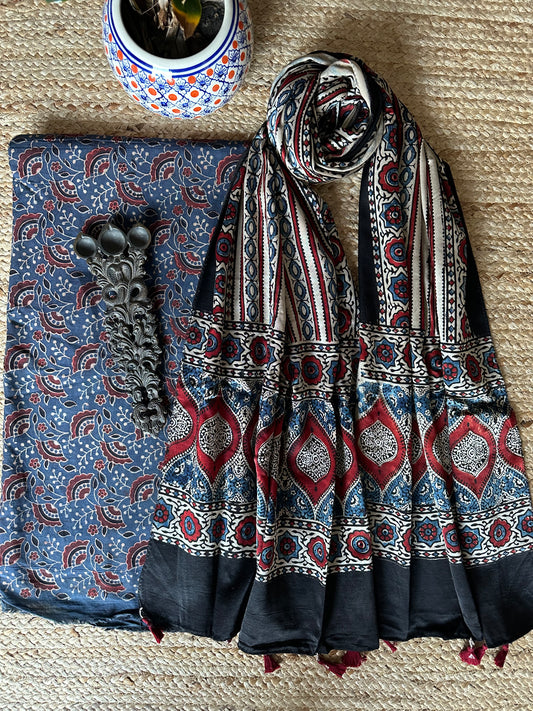 INDIGO AJRAKH MAHESHWARI SILK HANDBLOCK KURTA SET