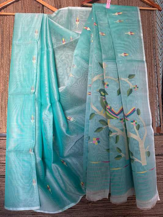 Pistachio green jamdani handwoven pure muslin silk sari