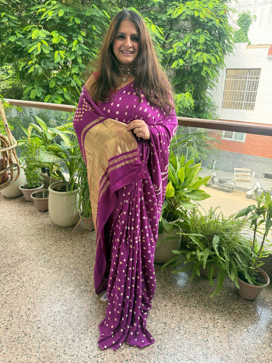 Magenta Purple modal silk dot bandhani sari