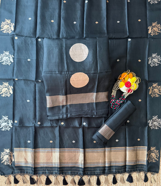 Ink Black Katan silk certified handloom banarsi kadwa booti three piece suit cbs-58