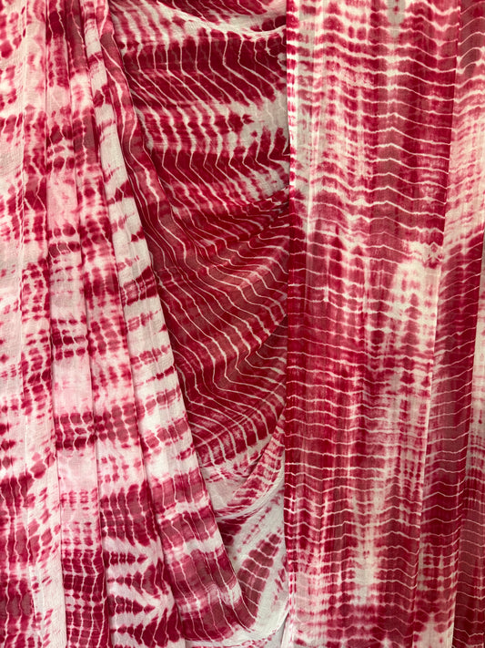 MAROON WHITE SHIBORI LEHRRIYA HANDCRAFTED CHIFFON SARI CL-4