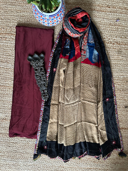 WINE MAROON SOLID MODAL SILK KURTA WITH AJRAKH PATCHWORK HANDCRAFTED MODAL SILK DUPATTA PS-91