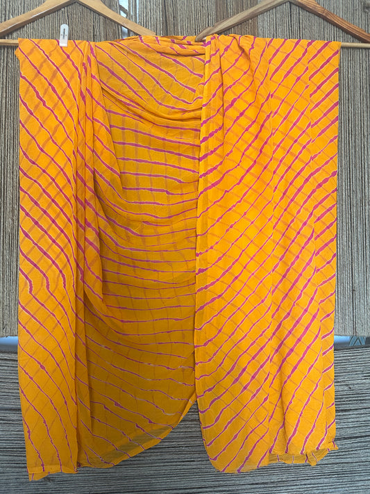 AMBER YELLOW WITH CONTRAST BLOUSE LEHERIYA HANDCRAFTED CHIFFON SARI CL-21