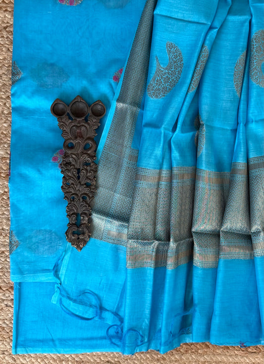 Turquoise Blue chanderi handloom banarsi booti three piece suit