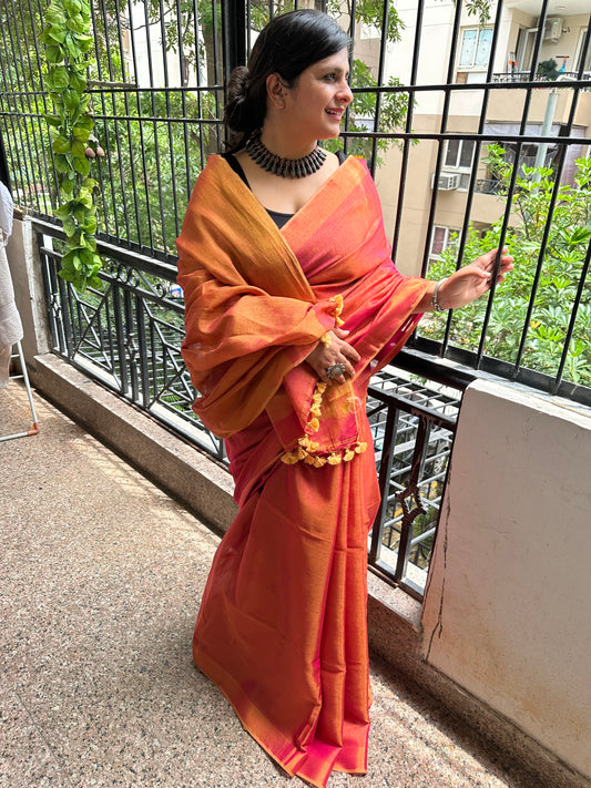 FUSCHIA PINK TISSUE LINEN ZARI SARI WITH WOVEN MAROON BORDER TL-15