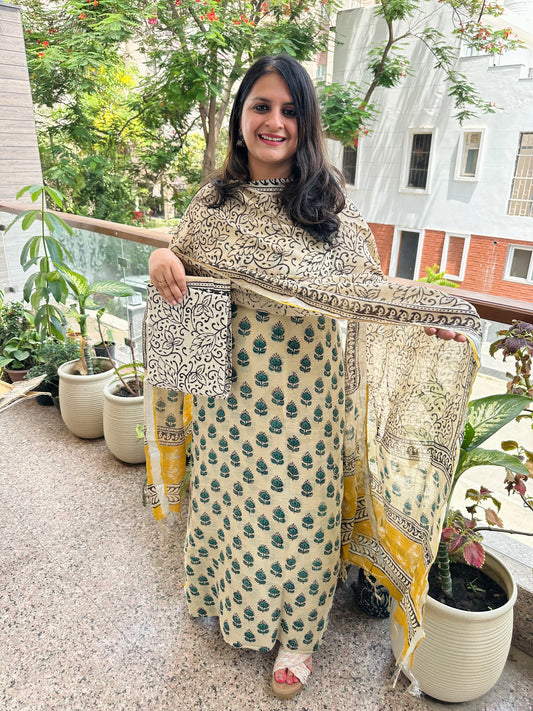 BEIGE MUSTARD LINEN COTTON HANDBLOCK SUIT SET