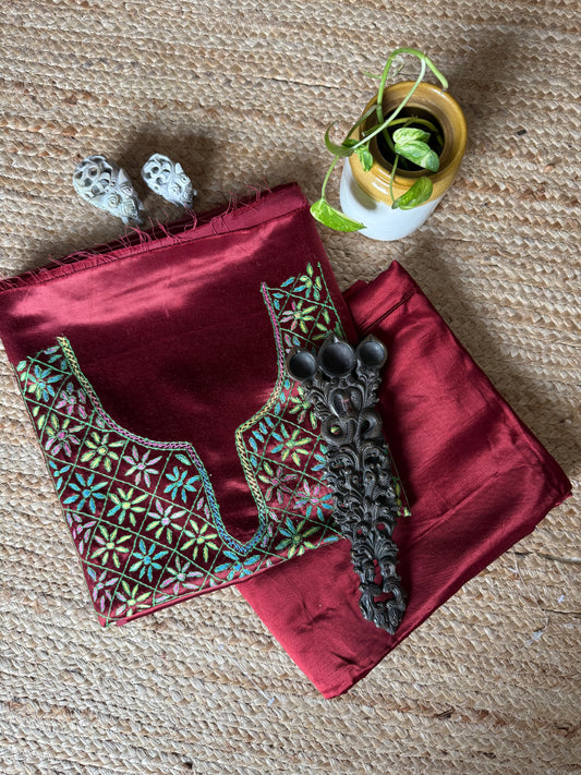 MAROON MASHRU SILK HAND EMBROIDERY KASHMIRI HANDEMBROIDERY SOZNI WORK CORD SET Cs- 27