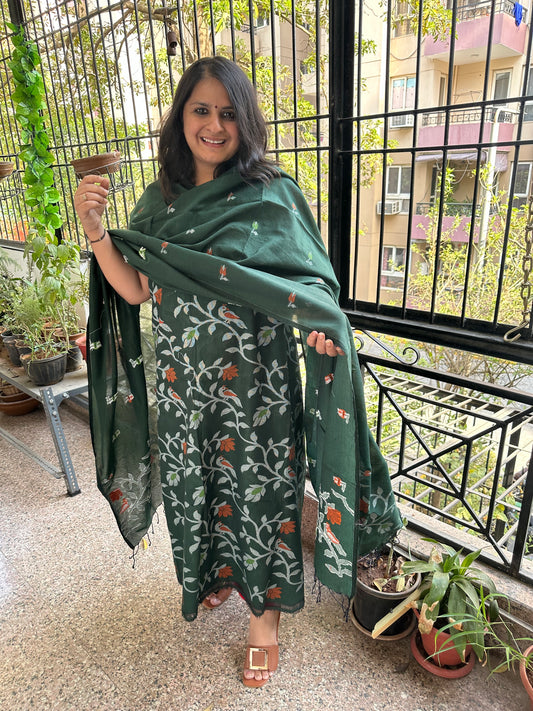 BOTTLE GREEN ALL OVER WOVEN MULL KURTA SET JAK- 3