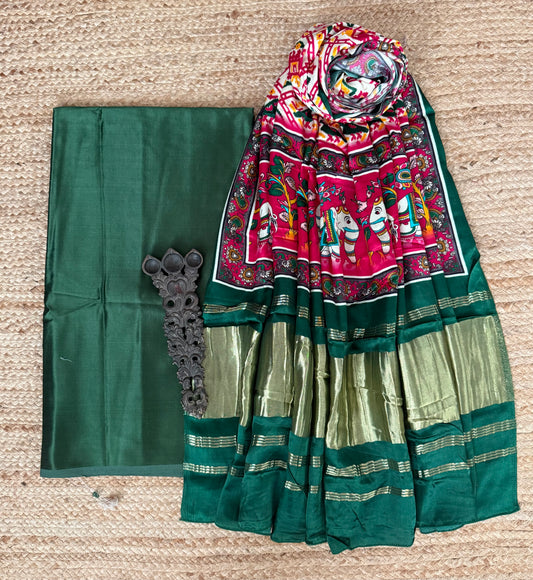 Green patola mashru silk kurta with patola pichwai handcrafted modalsilk dupatta