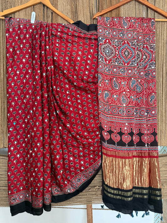 MAROON AJRAKH HANDCRAFTED MIRROR WORK MODAL SILK SARI WITH ZARI PALLU