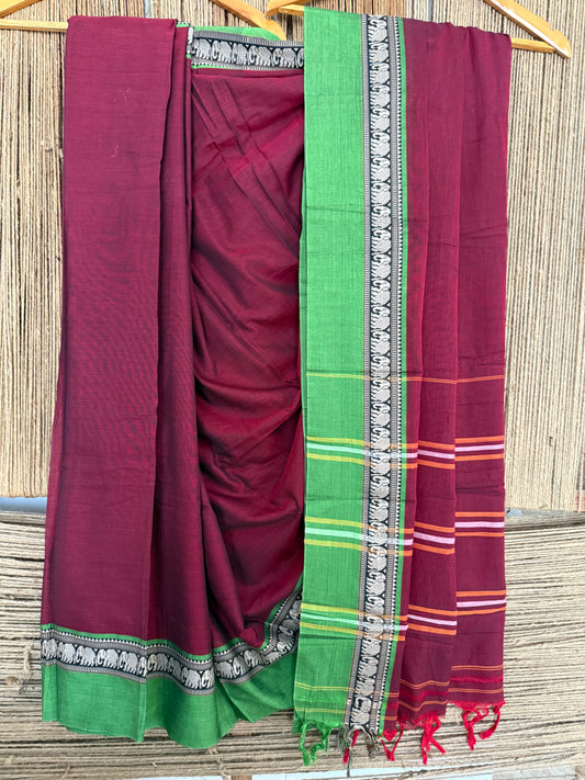 MAROON WITH GREEN TRADITIONAL NARAYANPET COTTON SAREE WITH ELEPHANT BORDER SARI