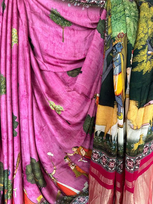Purple pink pichwai modal silk patola print sari with zari border pms- 1031