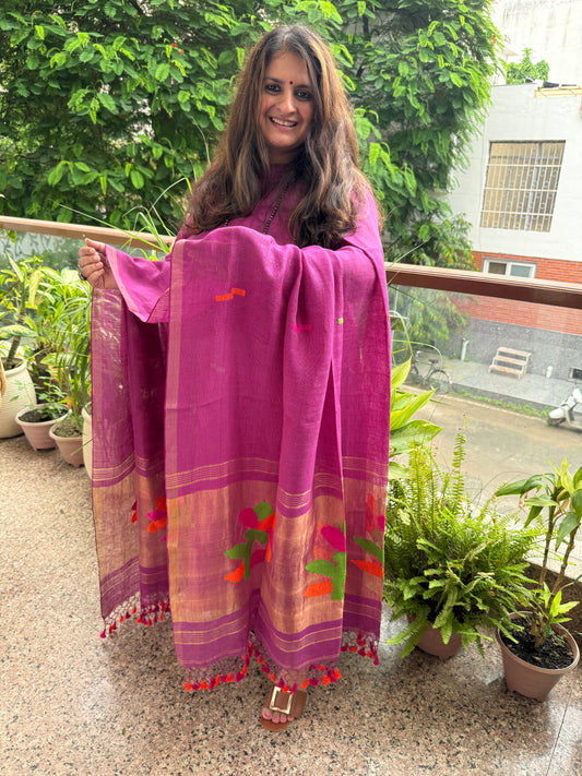 RAZZMIC BERRY PURPLE TISSUE LINEN JAMDANI HANDWOVEN KURTA SET