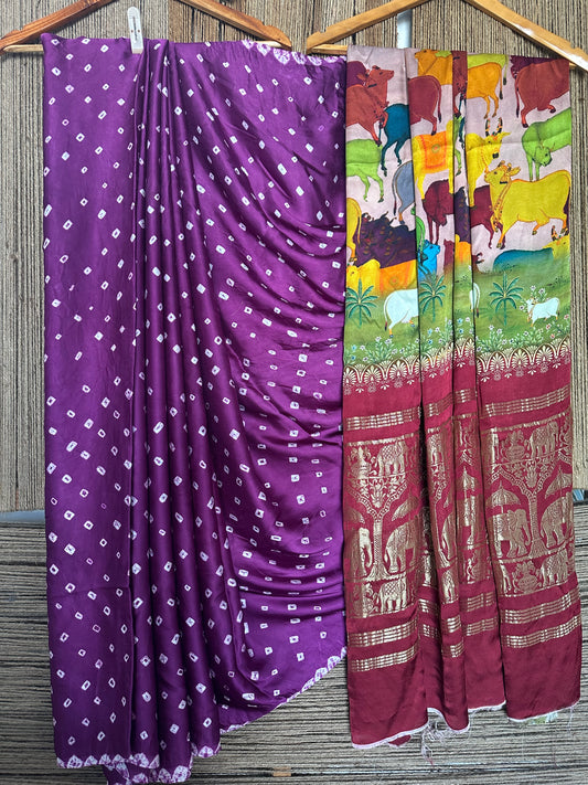 PURPLE MODAL SILK BANDHANI SARI WITH PICHWAI PRINT BPS 35