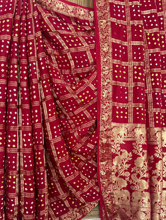 Garnet Maroon modal silk gharchola bandhani sari