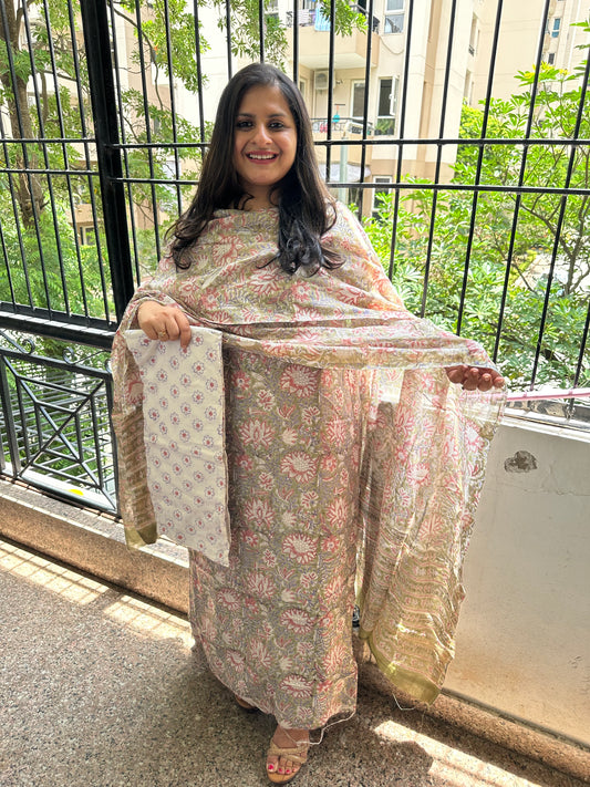 OLIVE GREEN CHANDERI HAND BLOCK SUIT SET