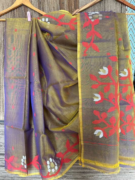 DUAL SHADE OLIVE GREEN JAMDANI HANDWOVEN PURE MUSLIN SILK SARI MJS 32