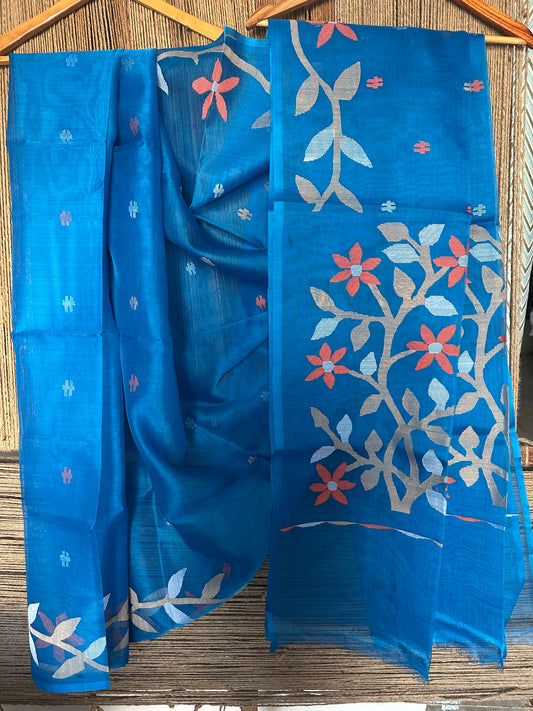 DENIM BLUE JAMDANI HANDWOVEN PURE MUSLIN SILK SARI MJS-16