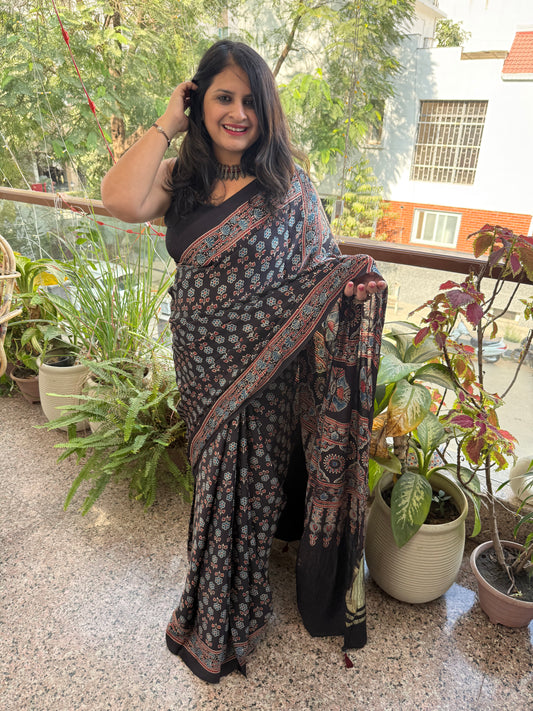 BLACK AJRAKH MODAL SILK SARI WITH ZARI PALLU