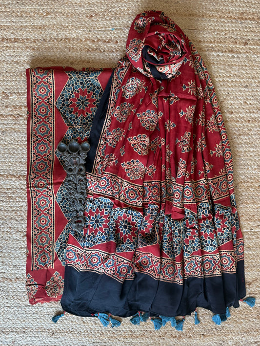 RED AJRAKH MODAL SILK HANDBLOCK KURTA SET