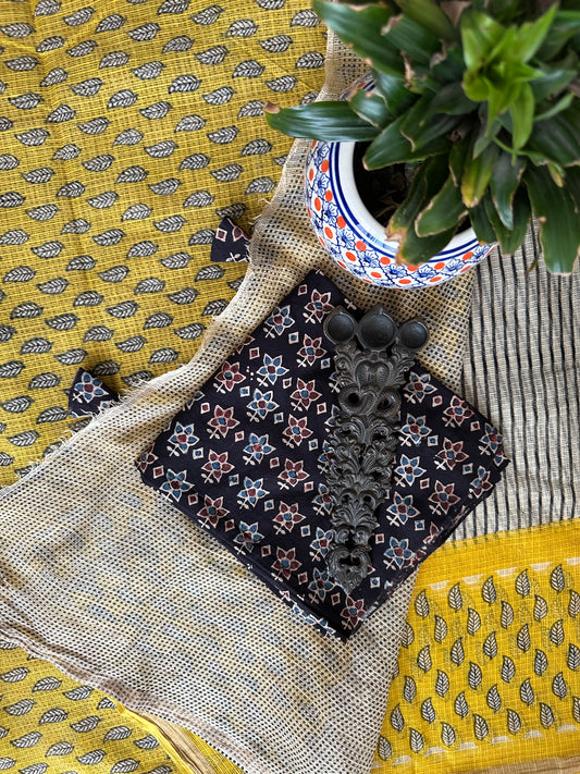 BONE GRAY & YELLOW KOTA DORIA HANDBLOCK SARI