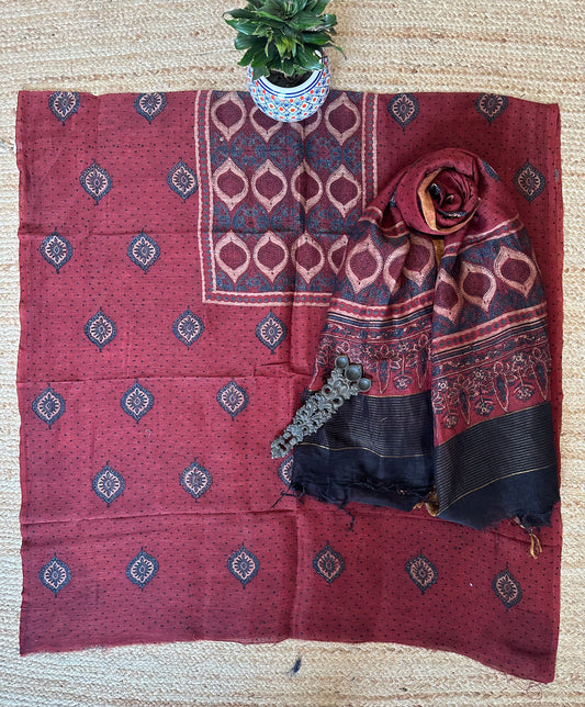MAROON LINEN AJRAKH SILK HANDBLOCK SUIT SET AL-1014