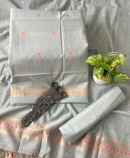 Powder blue mull cotton certified handloom banarsi kadwa booti three piece suit